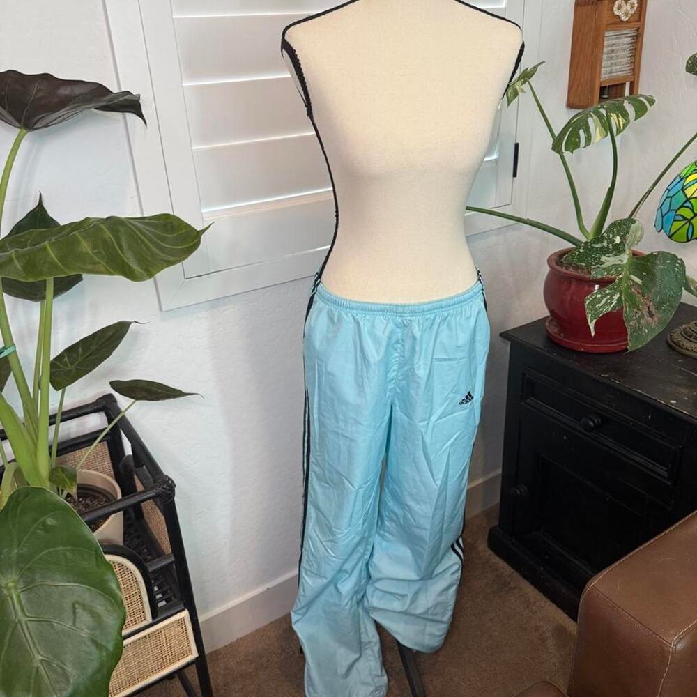 Vintage 2005 Adidas Baby Blue Track Pants Y2K 3 Stripe Zip Ankle Medium